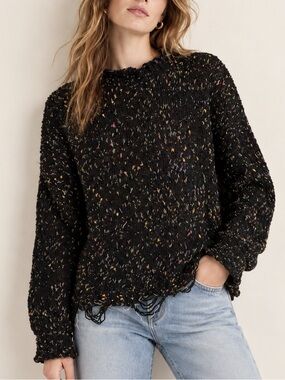 Kyemi Black Confetti Distressed Soft Comfy Knit Sweater Oversized Medium